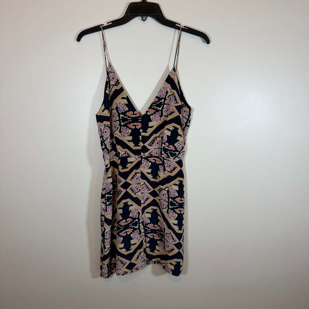 Shona Joy Navy Cream Geometric Print 100% Silk Mini Dress Womens 6 Pretty